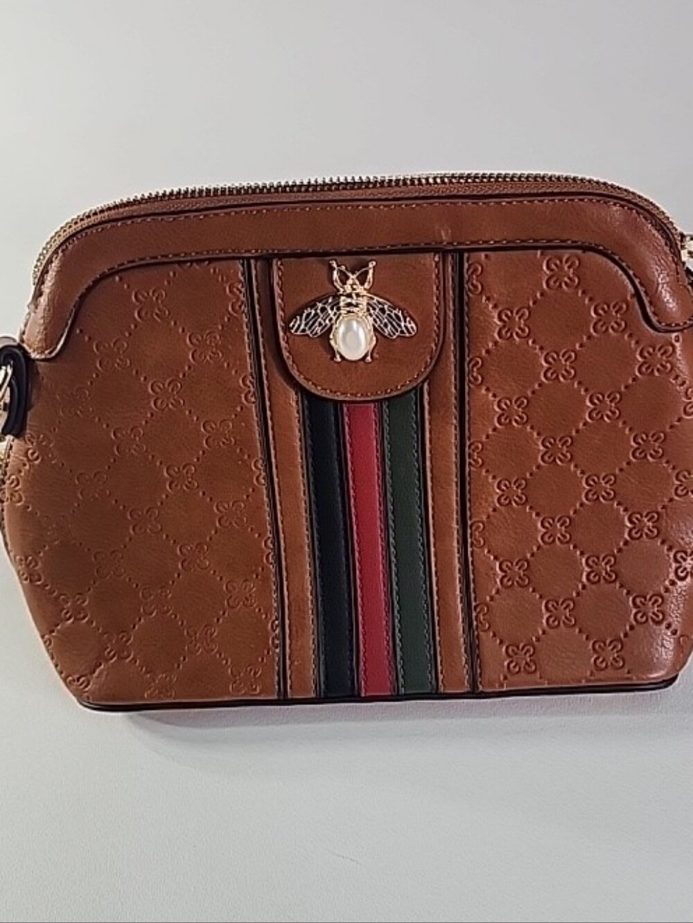 Tan Embossed Leather Crossbody with Stripe Detail and Bee Accent